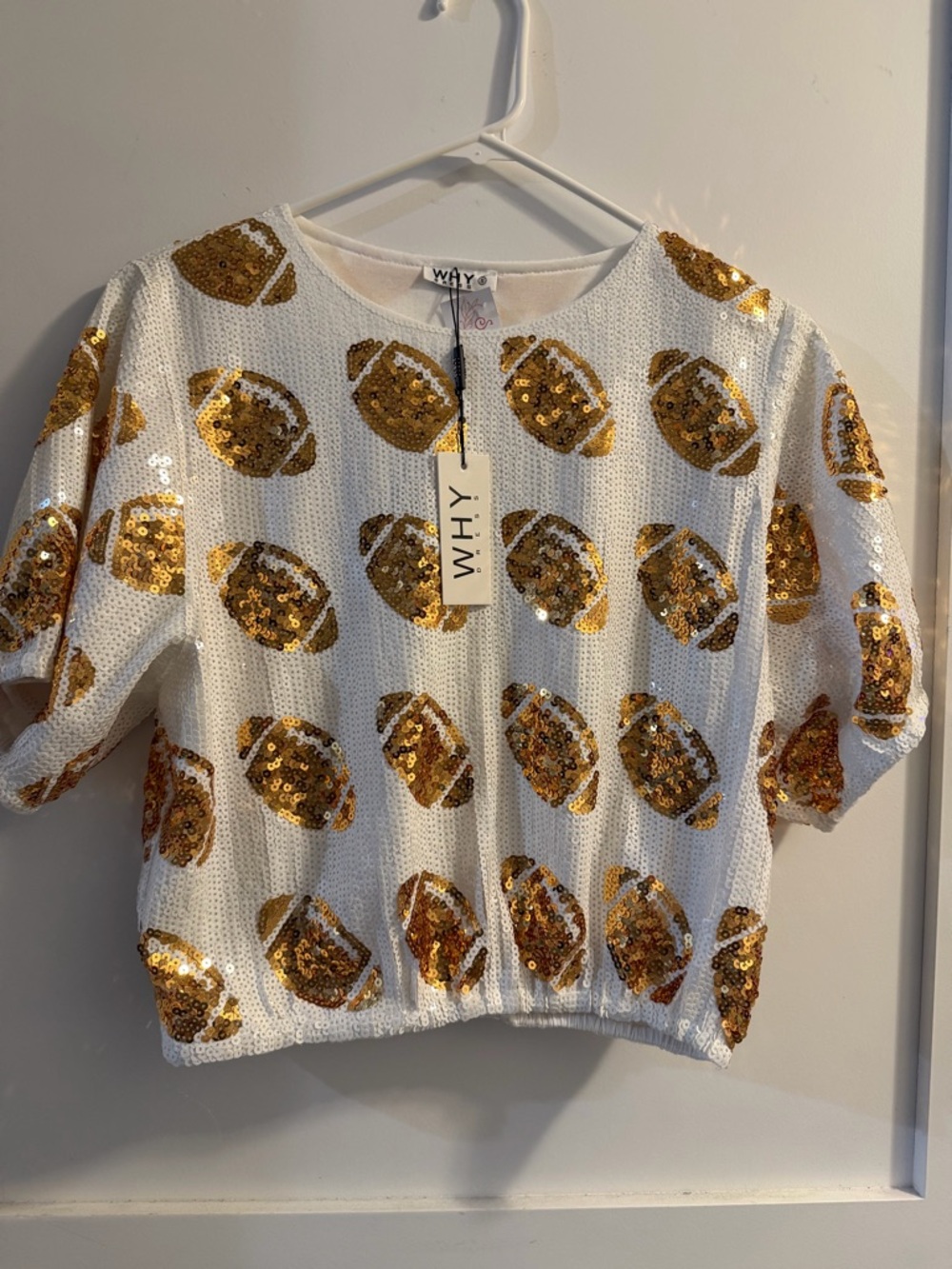 WHY White Sequin Crop Top with Gold Football Motif